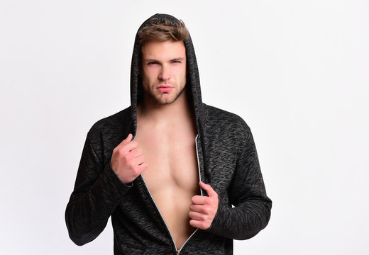 Athlete with messy hair and half naked torso