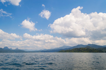 Beautiful mountains lake river sky and natural attractions in Ratchaprapha Dam at Khao Sok National Park, Surat Thani Province, Thailand