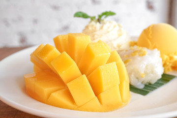 Mango sticky rice served with mango sherbet ice cream, summer dessert.