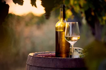 Photo sur Plexiglas Vin Glass of white wine and bottle with food at sunset