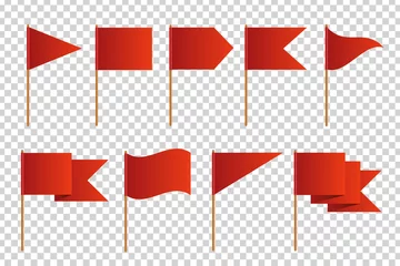 Fotobehang Vector set of realistic isolated red flags for decoration and covering on the transparent background. Concept of pointer, tag and important sign. © comicsans