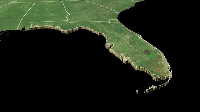 Florida state (USA) extruded on the satellite map of North America isolated on black