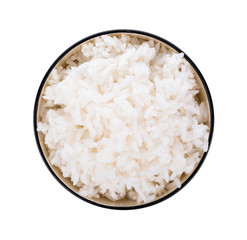 Rice in a bowl on a white background. top view
