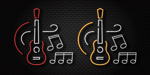 Vector realistic isolated neon retro signs of guitar and notes on the wall background for decoration and covering. Concept of music shop, dj, musical pub and rock concert.