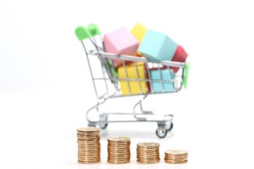 coins in front of shopping cart model