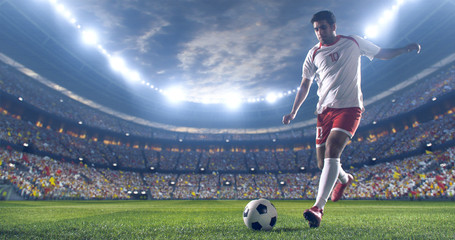 Soccer player kicks the ball on the soccer stadium. He wear unbranded sports clothes. Stadium and crowd made in 3D.