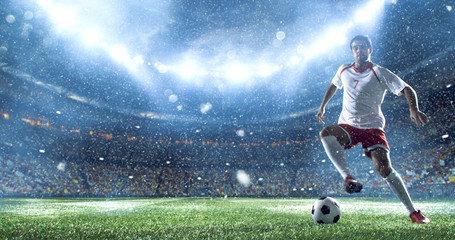 Soccer player kicks the ball on the soccer stadium. He wear unbranded sports clothes. Stadium and crowd made in 3D. © haizon