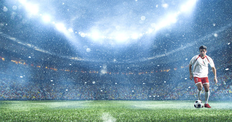 Soccer player kicks the ball on the soccer stadium. He wear unbranded sports clothes. Stadium and crowd made in 3D. © haizon