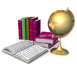 3d Educational concept. Boocks and globe on a white background