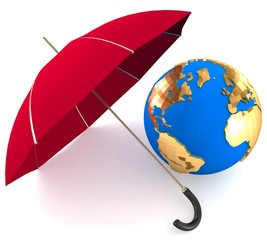 3d Environment protection concept. Umbrella and globe.