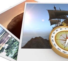 Summer beach shots and compass - nature and travel. 3d