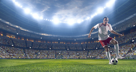 Soccer player kicks the ball on the soccer stadium. He wear unbranded sports clothes. Stadium and crowd made in 3D. - obrazy, fototapety, plakaty