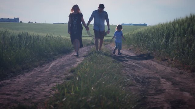 4k Wheat Fields and Family Walking on Road