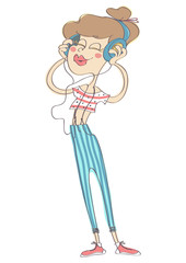 Cute stylish girl with headphones, colorful vector cartoon isolated on white background