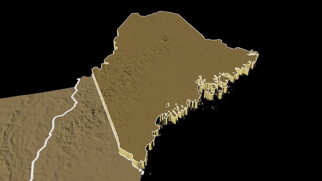 Maine state (USA) extruded on the elevation map of North America isolated on black