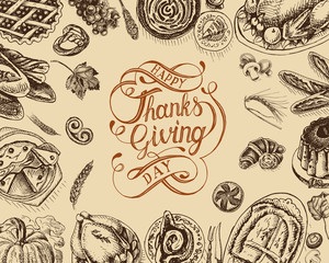 Vector illustration sketch card - Happy Thanksgiving Day. Celebratory dinner - Turkey, pie, casserole, baked potato, tart, cake, sauce, pumpkin.