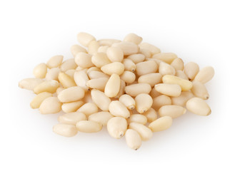 Shelled cedar pine nuts isolated on white background with clipping path