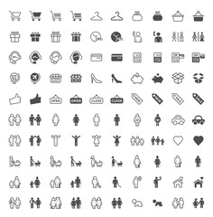 Set of 100 Family and Shopping Minimal and Solid Icons on White Background . Vector Isolated Elements