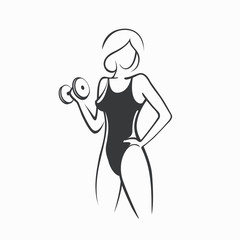 Sporty fit woman in the gym. Picture of a beautiful sexy girl with dumbbells in her hands. Vector illustration of a graphic outline silhouette