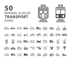 Set of 50 Transport Minimal and Solid Icons on White Background . Vector Isolated Elements