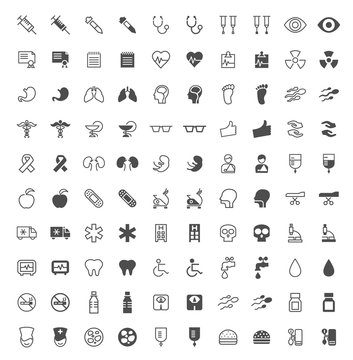 Set of 100 Medical Minimal and Solid Icons on White Background . Vector Isolated Elements