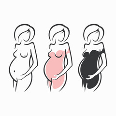 Set of drawing linear beautiful pregnant girl in dark, pink, clothes, nude figure. Birth of a child. Vector graphic illustration, draw silhouettes for design