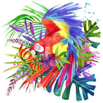 parrot bird watercolor illustration. tropical flower background. paradise nature. T-shirt design