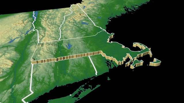 Massachusetts state (USA) extruded on the physical map of North America isolated on black