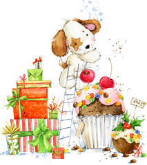 cute cartoon puppy watercolor illustration. Christmas card. Dog year.
