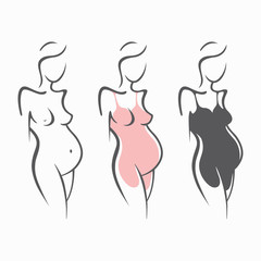 Set of drawing linear beautiful pregnant girl in dark, pink, clothes, nude figure. Birth of a child. Vector graphic illustration, draw silhouettes for design