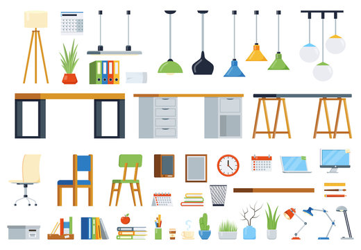 Office furniture, accessories and plants. Creation kit of workplace. Set of vector elements