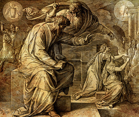 God calls the prophet Jeremiah, graphic collage from engraving of Nazareene School, published in The Holy Bible, St.Vojtech Publishing, Trnava, Slovakia, 1937.