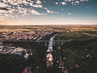 Aerial view of the railway bridge and the river Dyje flowing through Znojmo, Czech Republic
