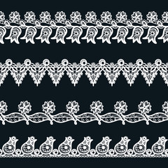 Vector set of lace seamless borders. Collection of decorative patterns: flowers and leaves. Ornamental floral motifes