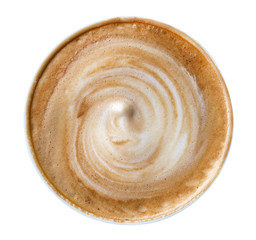 Top view of hot coffee latte cappuccino spiral foam isolated on white background, clipping path included
