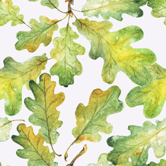Fototapeta premium Bright green watercolor autumn oak leaves. pattern. Watercolor