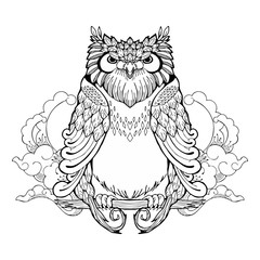 owl and cloud tribal zen tangle tattoo with white isolated background