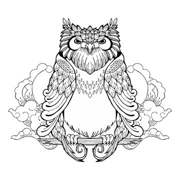 owl and cloud tribal zen tangle tattoo with white isolated background