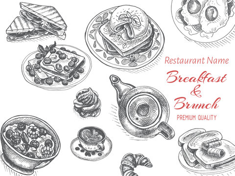 Vector illustration sketch - breakfast. Card Menu brunch. vintage design template, banner.