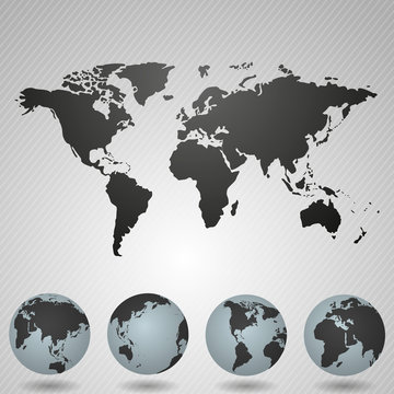 Trendy Detailed Globe Map in Black Isolated on White Background with Shadow. 3D Vector Illustration