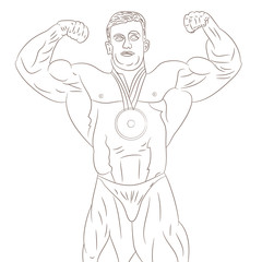 Black figure-silhouette of a male bodybuilder. On a white background.