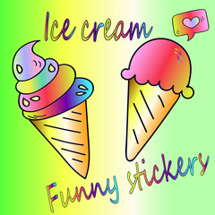 two frozen in a waffle horn - a delicious dessert. Neon sticker - close-up - pop art style. Bright food poster