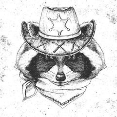Retro Hipster animal raccoon. Hand drawing Muzzle of animal  raccoon © annbozhko