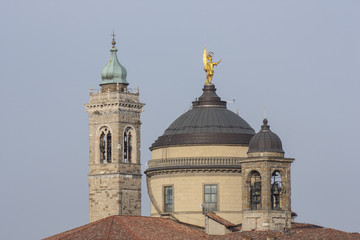 Bergamo - Old city (Upper town), Italy. Landscape on the city center, the old towers and the clock towers from the old fortress