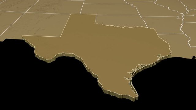 Texas State (USA) Extruded On The Elevation Map Of North America Isolated On Black