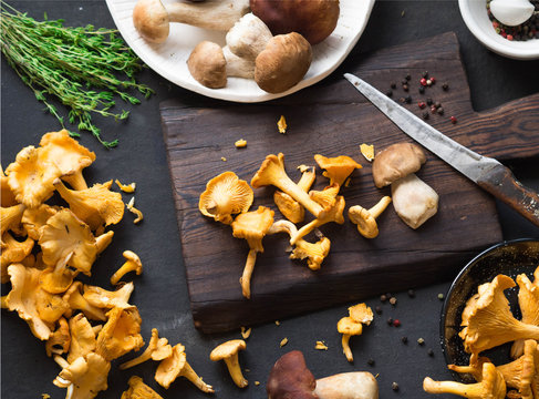 Raw wild chanterelle mushrooms and raw porcini mushrooms ready for cooking next to a dark board. Composition with wild mushrooms. 