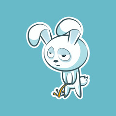 Sticker emoji emoticon, emotion pee with laid-back view vector isolated illustration character sweet, cute white rabbit, bunny, hare, coney, cony, lapin for happy Easter