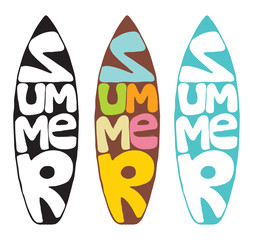 Hand drawing surfboard with "summer" word.
