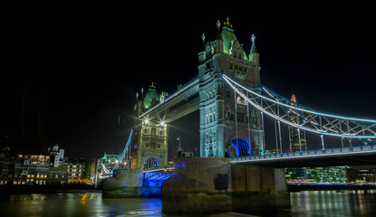 Tower Bridge London at night with light trails