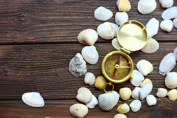Fototapeta na wymiar Seashells and compass lie on a wooden table